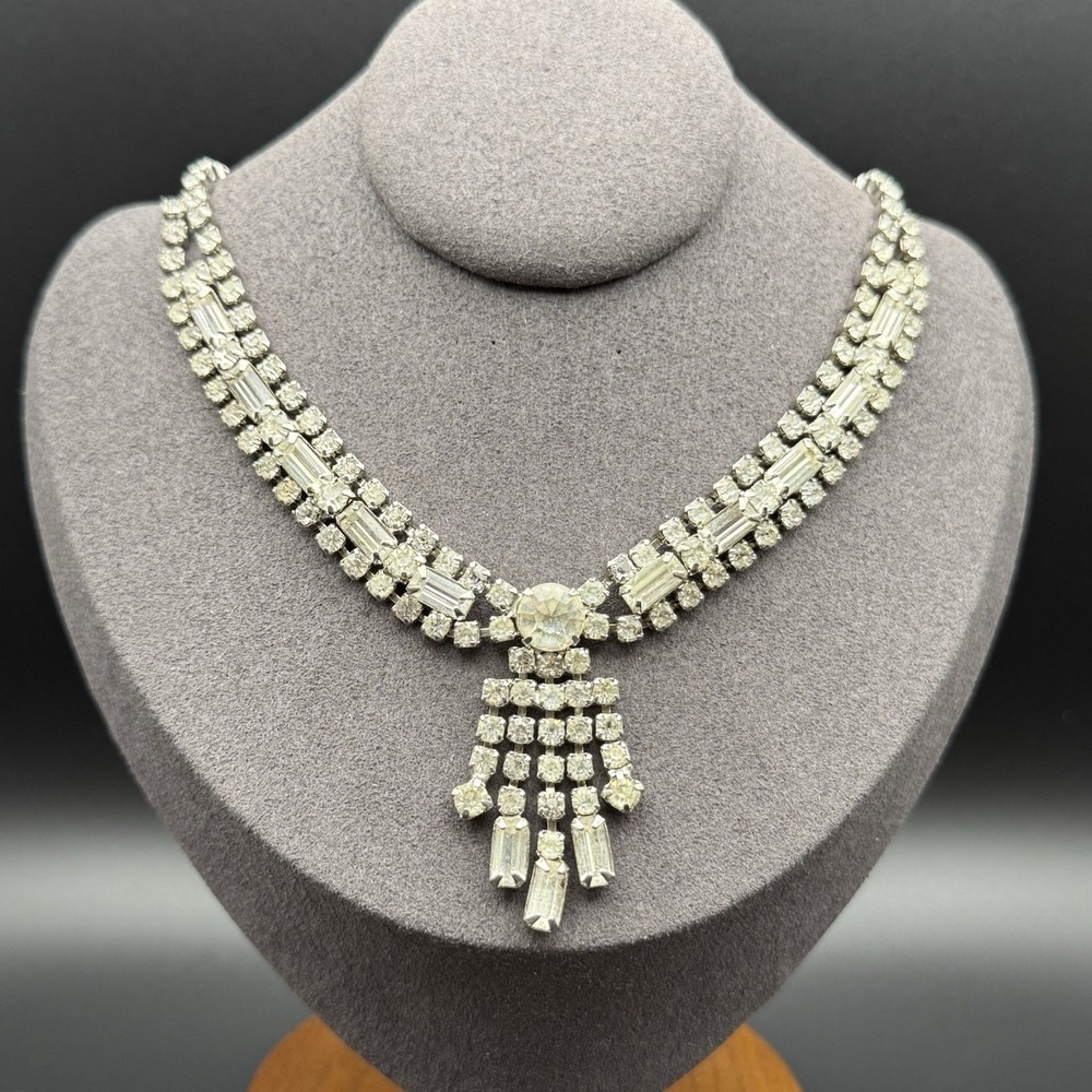Vintage Art Deco Rhinestone Tassel Bib Necklace Silver Tone Bridal Statement 16"